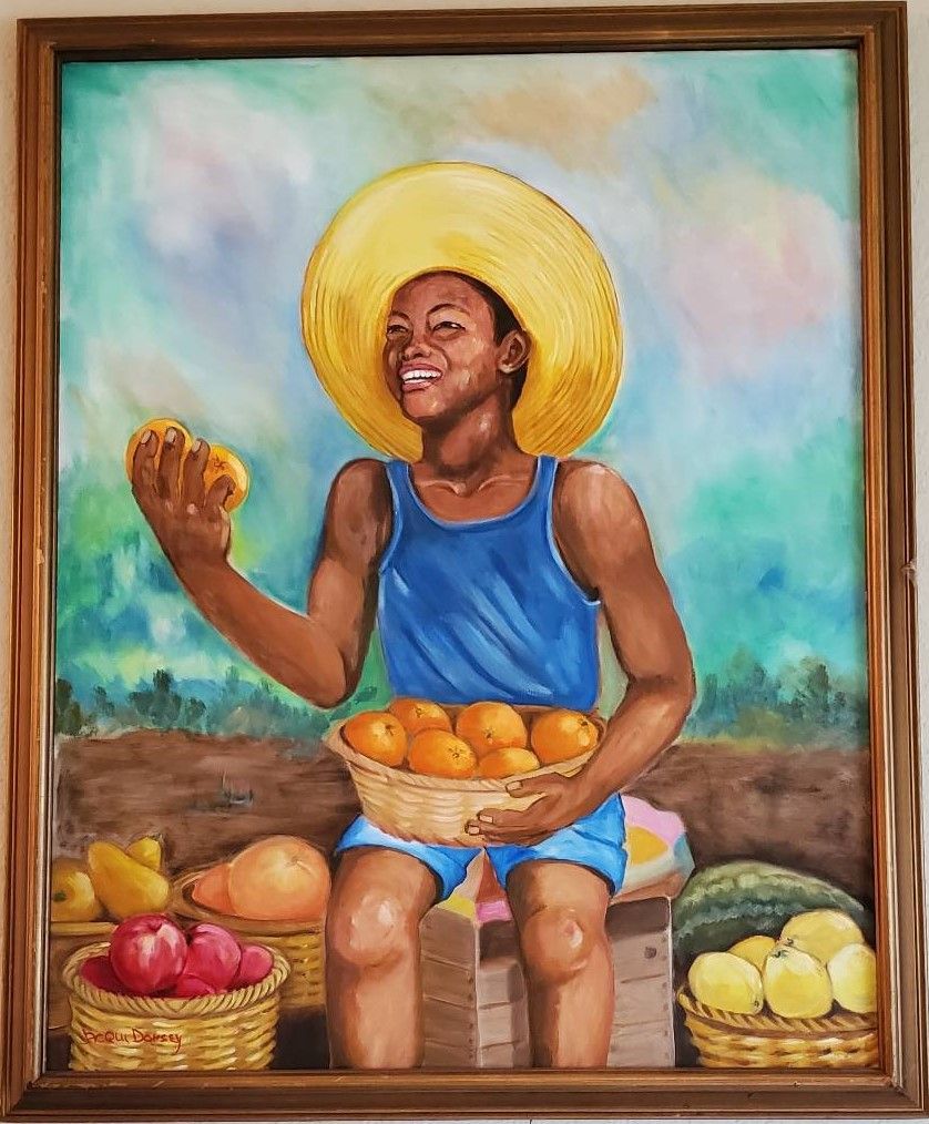 A Painting of a boy smiling while holding oranges, surrounded by fruit