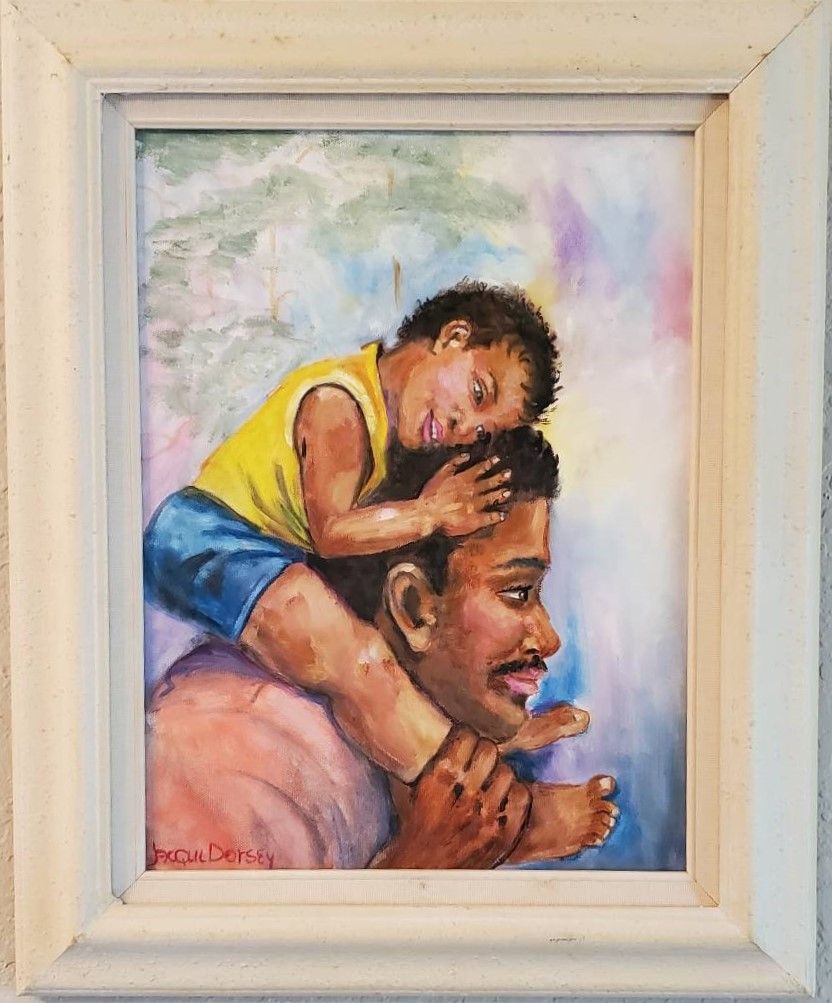 A profile painting of a father holding his child on his shoulders and smiling.