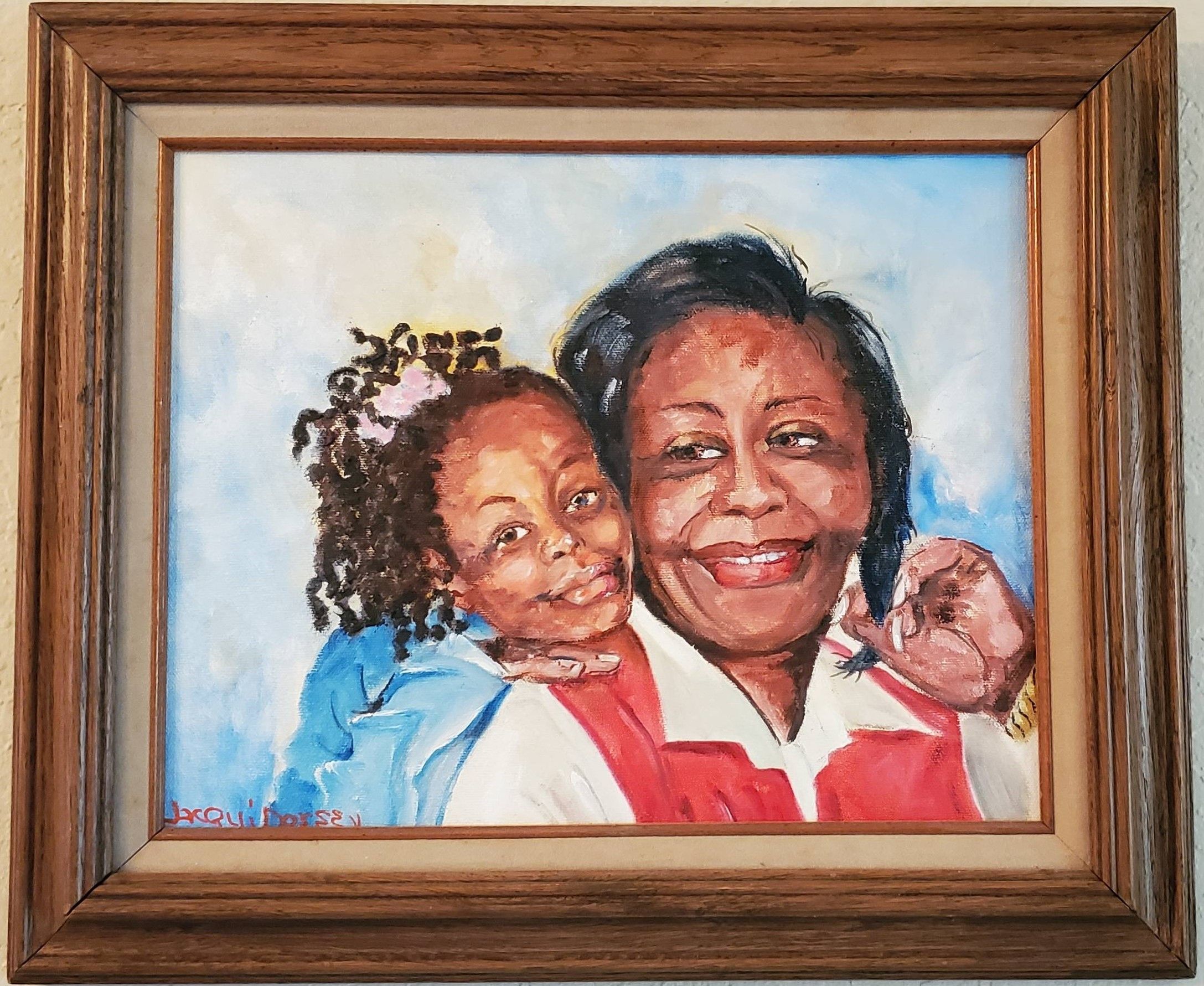 A mother looks lovingly at her daughter, who rests her chin on her mother's shoulder and looks at the viewer