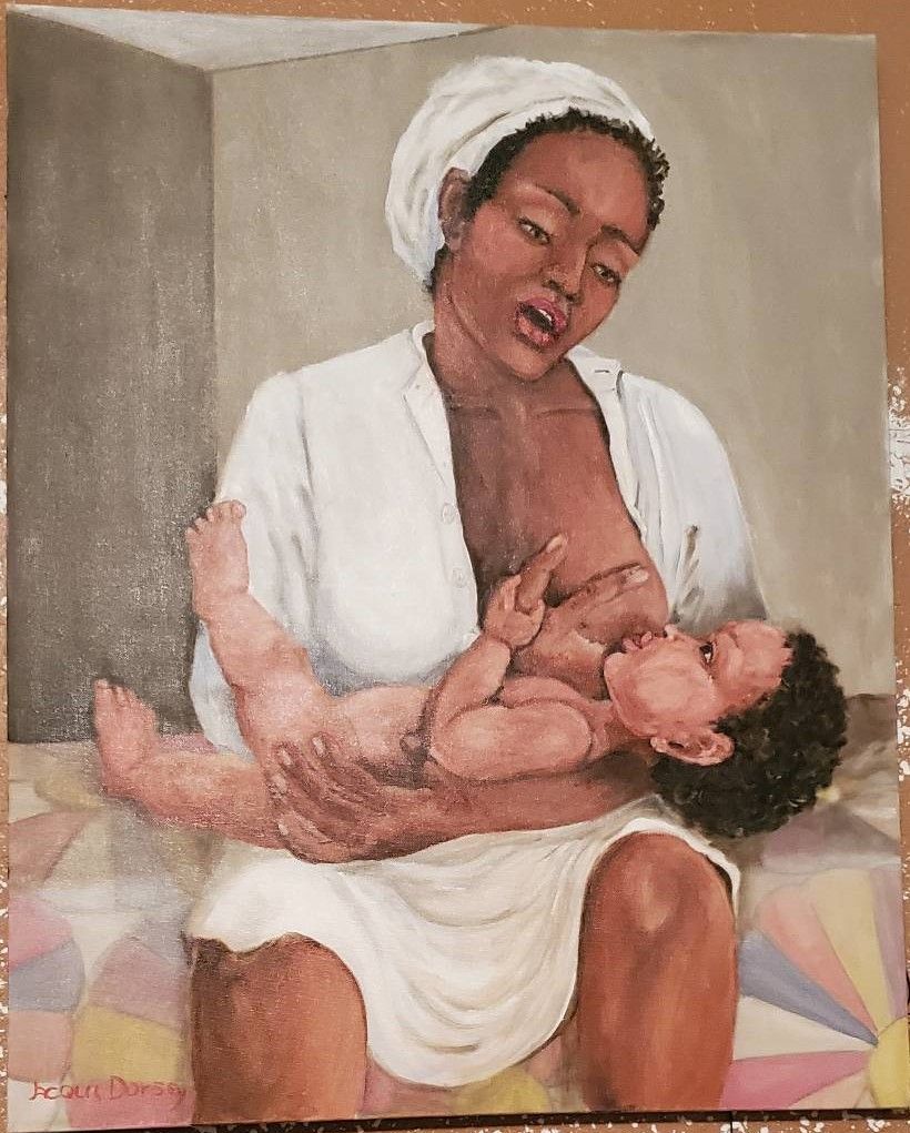 A painting of a woman of color nursing her baby. Taken in warm lighting.