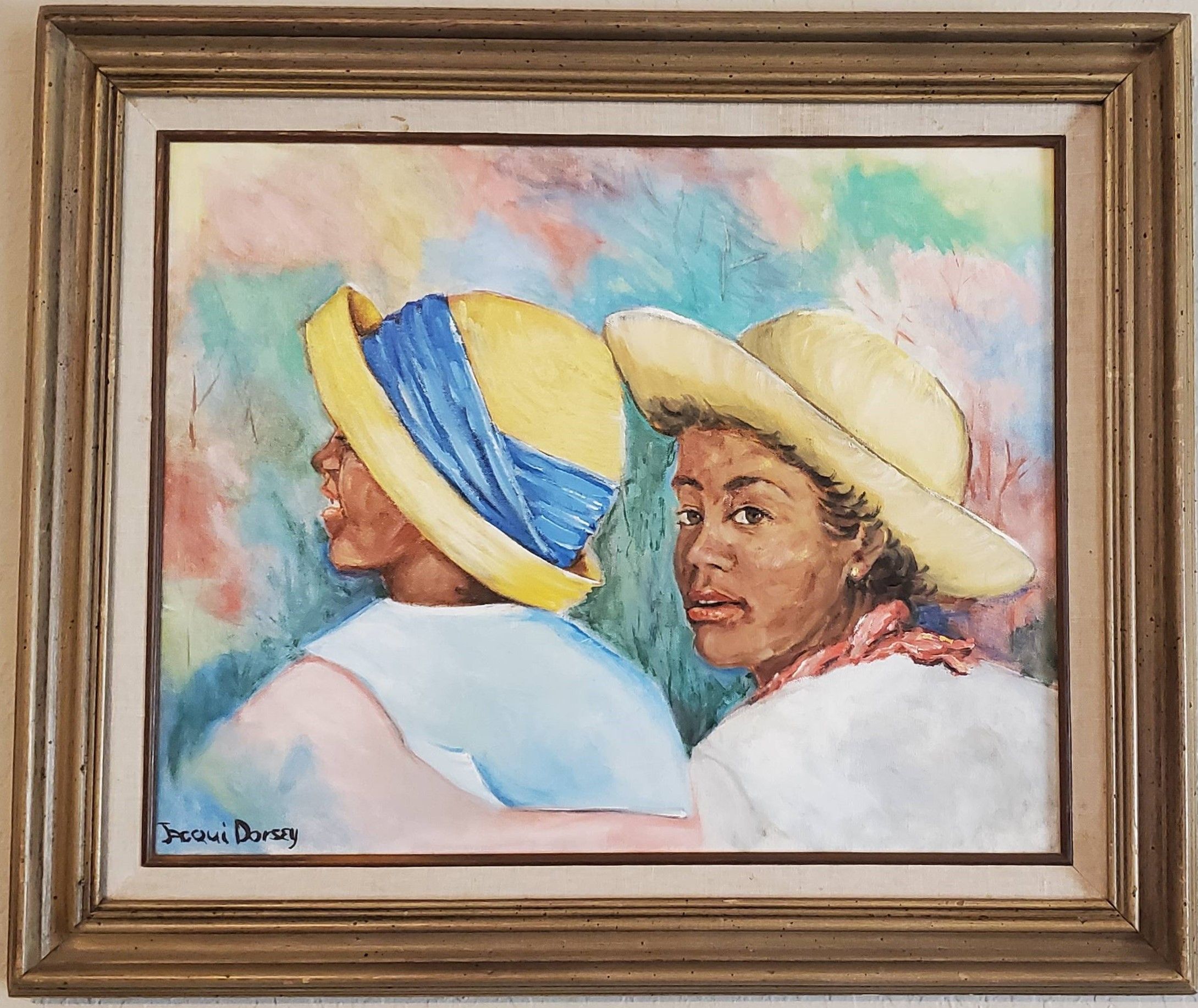 A painting of two sisters wearing straw color hats. The second woman is looking over her shoulder towards the viewer, while the first faces away.